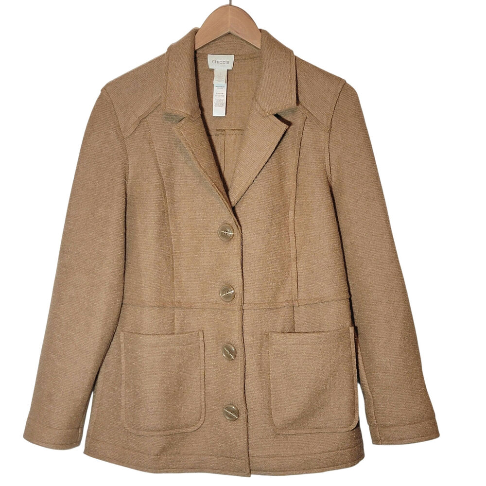 Chico's Wool Blend Tailored Blazer Jacket Button Front Camel Tan Size 1 Medium - Picture 14 of 14